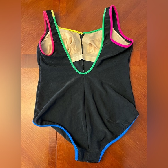 Vintage 70s One Piece Bathing Suit Black Neon LARGE - Picture 3 of 7